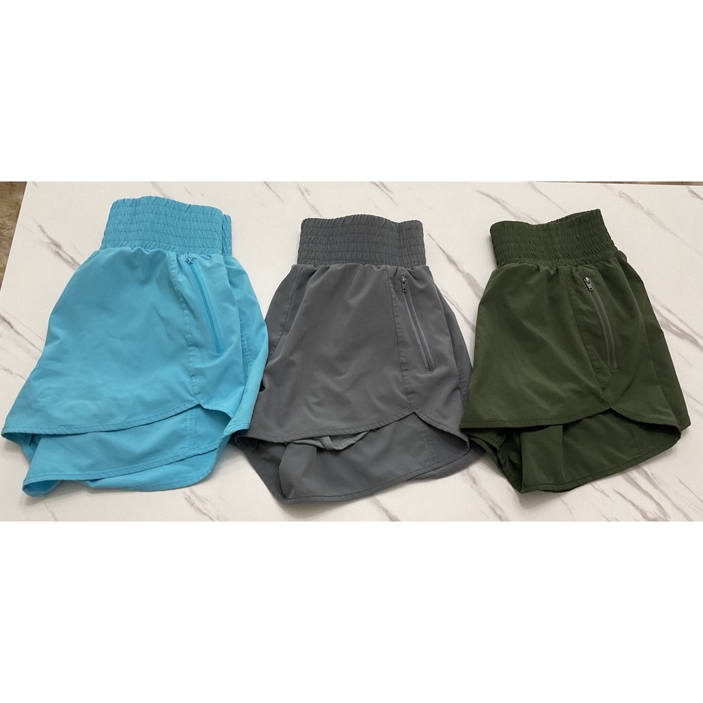 B Women Smocked High Rise Athletic Shorts Bundle Blue Grey Green Size M 3-Pack